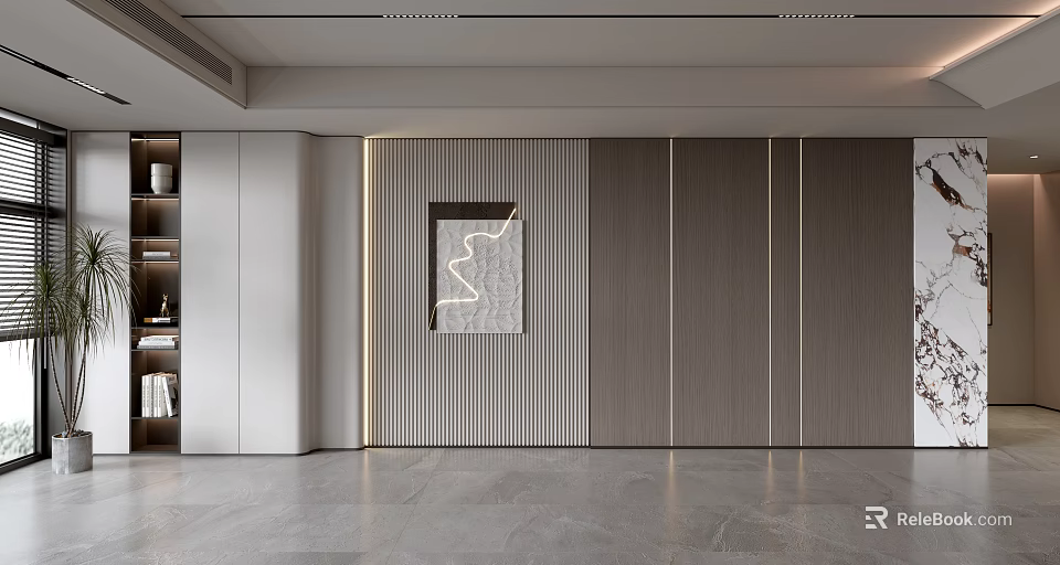 Modern Sofa Backdrop Wall Design With Vertical Stripes Wooden Panels And Decorative Art 3d model 