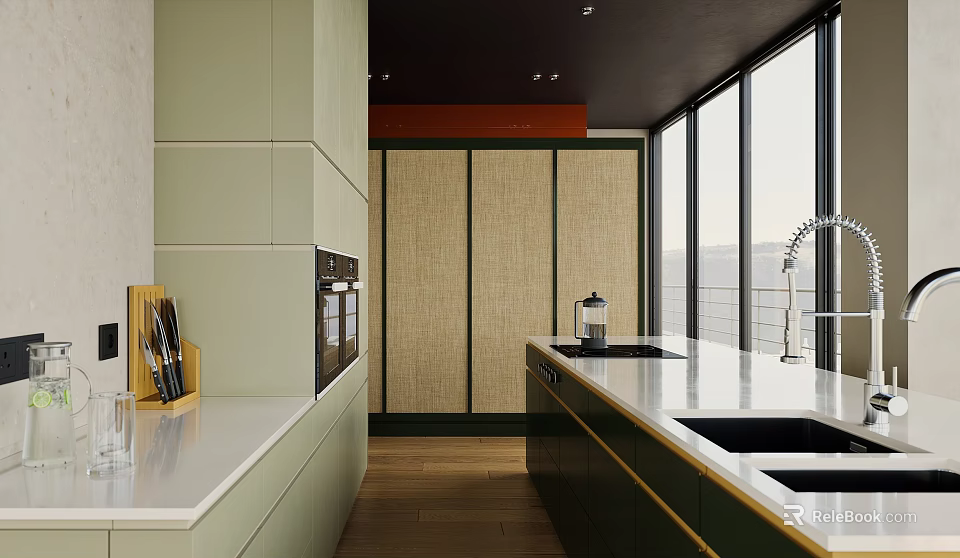 Modern Light Green Kitchen Interior Design With White Countertops Large Windows And Wicker Doors 3d model 