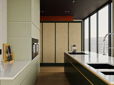 Modern Light Green Kitchen Interior Design With White Countertops Large Windows And Wicker Doors 3d model