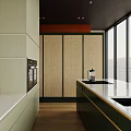 Modern Light Green Kitchen Interior Design With White Countertops Large Windows And Wicker Doors