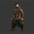 3D Male Character Model With Brown Coat Green Inner Garment And Utility Pockets