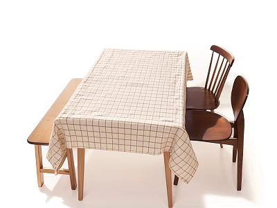 Wooden Dining Table Set With Checkered Tablecloth Bench And Chairs 3d model