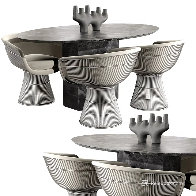 Modern Designer Dining Table Set With Round Stone Tabletop Striped Chairs And Unique Base 3d model