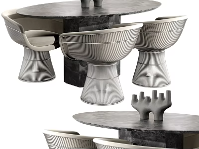 Modern Designer Dining Table Set With Round Stone Tabletop Striped Chairs And Unique Base 3d model
