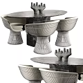 Modern Designer Dining Table Set With Round Stone Tabletop Striped Chairs And Unique Base 3d model