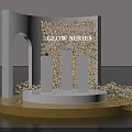 Elegant Floral Display With White Curved Structure Pink Flower Wall White Pillars And Golden Platform