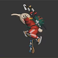 Game Movie Character in Red Outfit Carrying Swords Riding Graphic Skateboard Jumping Pose