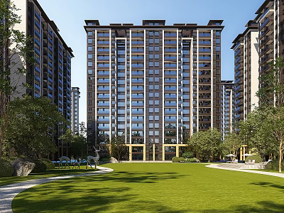 High Rise Residential Building Complex With Lush Green Lawn And Trees 3d model