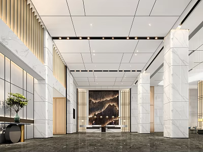 Modern Hotel Lobby Interior Design With Marble Columns Ceiling Lights And Decorative Wall 3d model