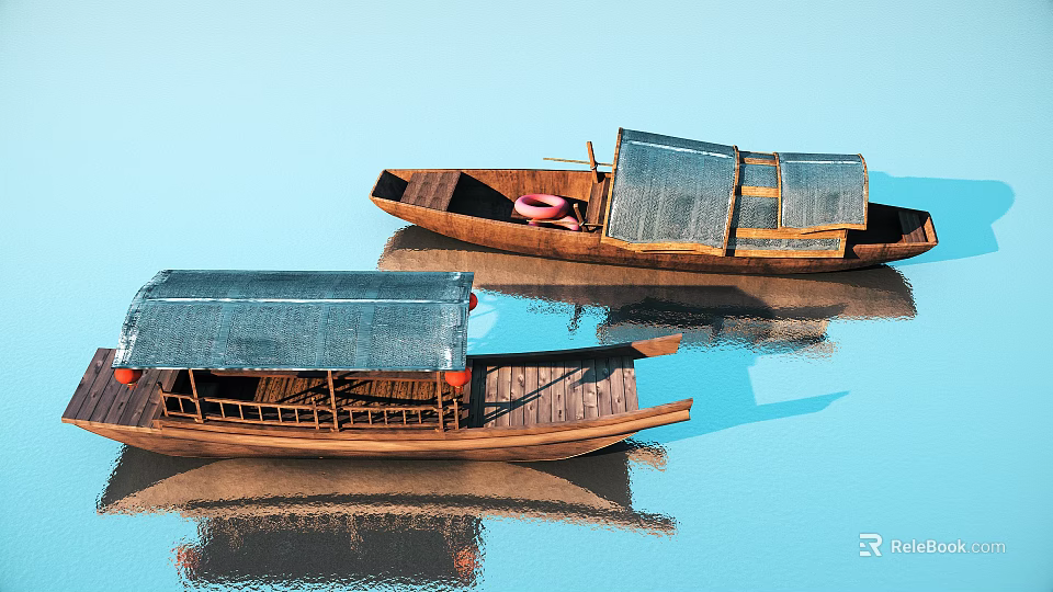 Two Traditional Wooden Boats with Covered Roofs Floating on Calm Water and Clear Reflections 3d model 