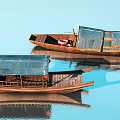 Two Traditional Wooden Boats with Covered Roofs Floating on Calm Water and Clear Reflections