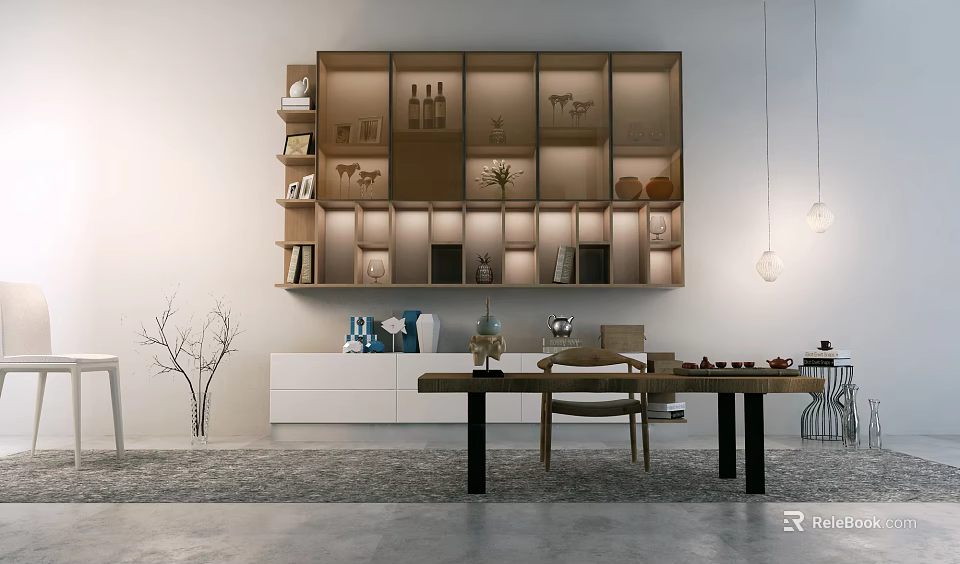 Modern Wooden Tea Table And Chairs With Display Shelves In Minimalist Interior 3d model 
