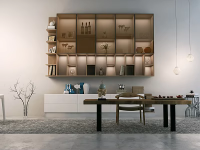 Modern Wooden Tea Table And Chairs With Display Shelves In Minimalist Interior 3d model