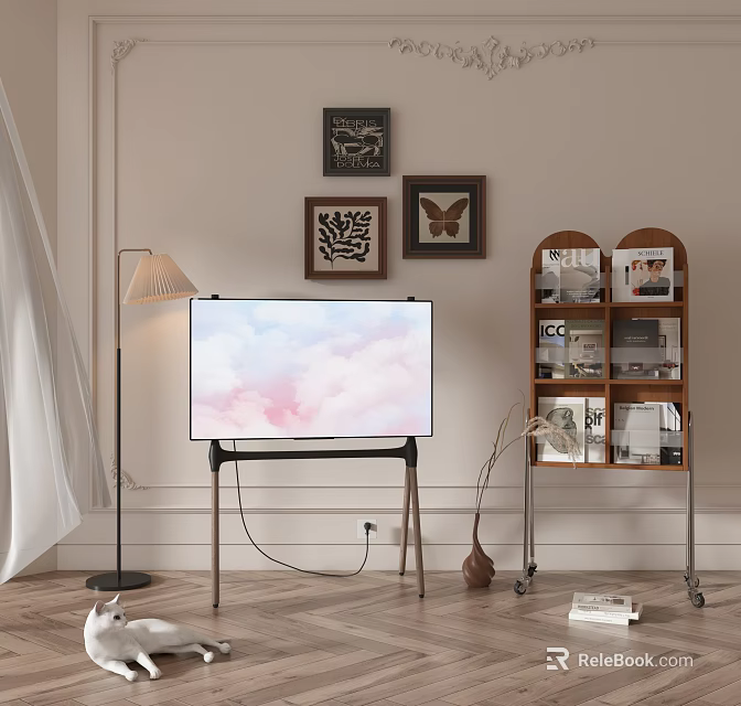 Living Room Interior Design With TV On Stand Decorative Wall Art And Herringbone Wooden Floor 3d model 