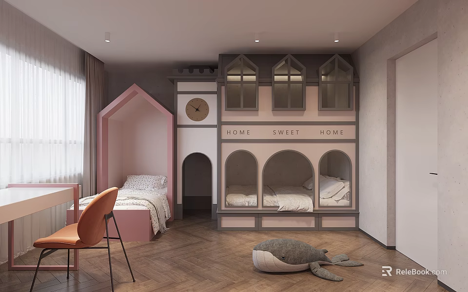 Cozy Kids Room With Pink House Bed And Castle Bunk Bed 3d model 