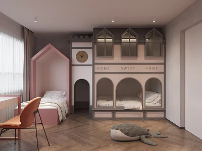 Cozy Kids Room With Pink House Bed And Castle Bunk Bed 3d model