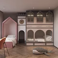 Cozy Kids Room With Pink House Bed And Castle Bunk Bed