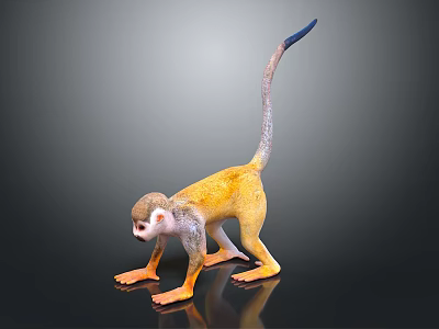 3D Model Yellow Monkey with Gray Tail Blue Tip Orange Limbs Standing on Black Background 3d model