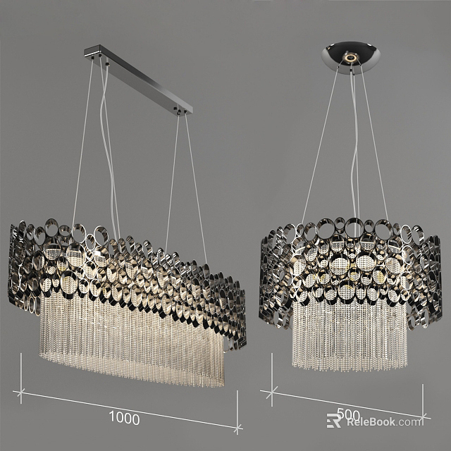 Crystal Chandeliers Hanging with Circular Pattern Frames and Long Crystal Tassels 3d model 