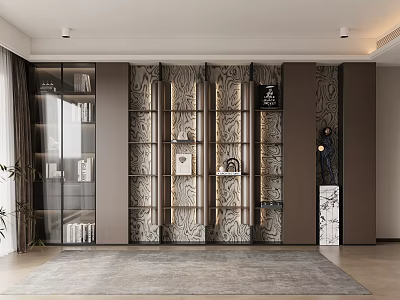 Modern Wooden Bookcase with Open Glass Door Design and Luxury Style Interior Decorative Paintings Rug 3d model