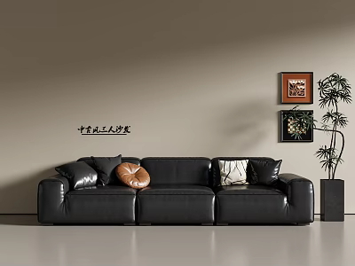 Black Leather Three Seater Sofa With Decorative Pillows Beige Wall Art And Green Plant 3d model