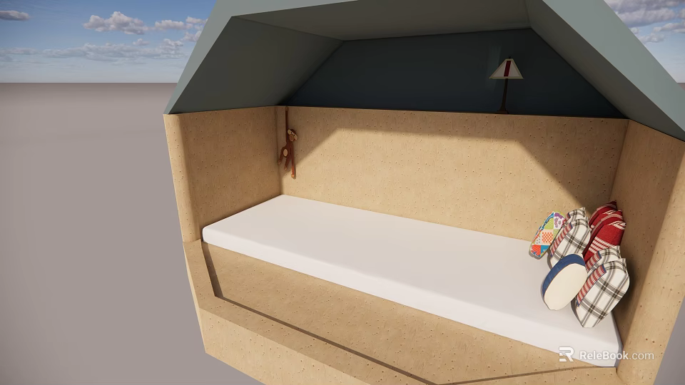 Tent Shaped Children's Bed With White Mattress Playful Toys And Small Lamp 3d model 