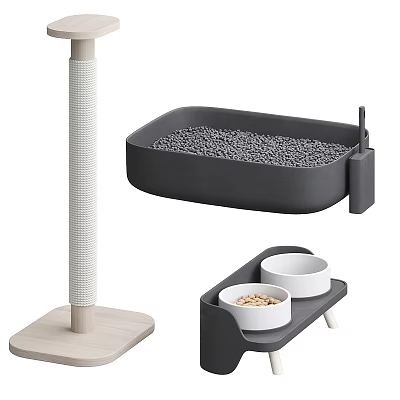 Pet Supplies Featuring Cat Scratching Post Litter Box And Bowls 3d model