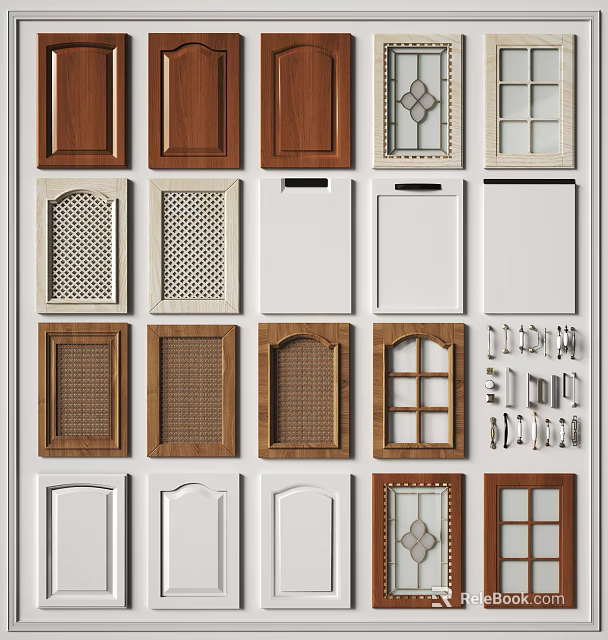 Various Design Cabinet Doors with Different Style Handles Including Wooden White Glass Panel Grille 3d model 