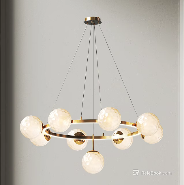 Modern Chandelier With White Spherical Globes And Metallic Circular Ring Design 3d model 