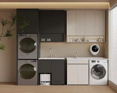 Modern Laundry Room With Palm Plant Washing Machines Dryers Sinks And Cabinets 3d model