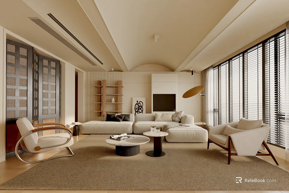 Elegant Modern Living Room Interior With White Sofa Round Coffee Tables And Floor-to-Ceiling Windows 3d model 
