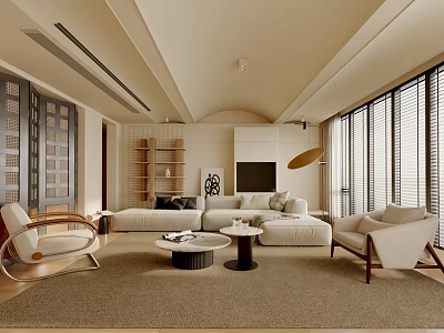 Elegant Modern Living Room Interior With White Sofa Round Coffee Tables And Floor-to-Ceiling Windows 3d model