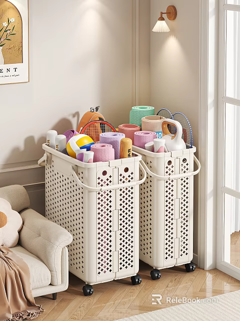 White Perforated Storage Baskets Filled With Household Items Towels Toilet Paper And Cleaning Supplies 3d model 