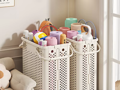 White Perforated Storage Baskets Filled With Household Items Towels Toilet Paper And Cleaning Supplies 3d model