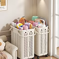 White Perforated Storage Baskets Filled With Household Items Towels Toilet Paper And Cleaning Supplies