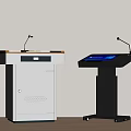 Modern White And Black Podiums With Wooden Top Cabinet Digital Screen And Microphone