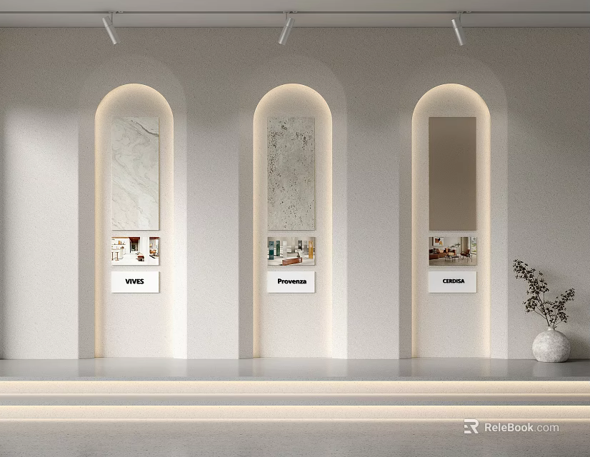 Modern Showroom Interior With Arched Display Niches Marble Textures Decorative Vase And Lighting 3d model 