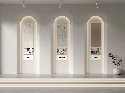Modern Showroom Interior With Arched Display Niches Marble Textures Decorative Vase And Lighting 3d model