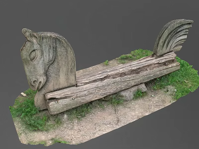 Rustic Garden Landscape With Hand Carved Wooden Horse Swing And Green Grass 3d model