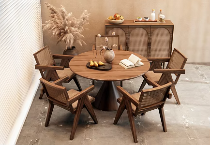 Quiet Ancient Style Dining Table and Chair Casual Table and Chair Rattan Chair Reed Vase Ornaments Reed Dried Flower Sideboard 3d model