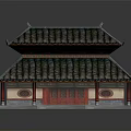 Cartoon Scene of Chinese Two Story Building Red Doors Gray Tile Roof and Stone Platform