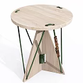 Light Wooden Stool With Round Top Green Ropes And Brown Leather Strap Design