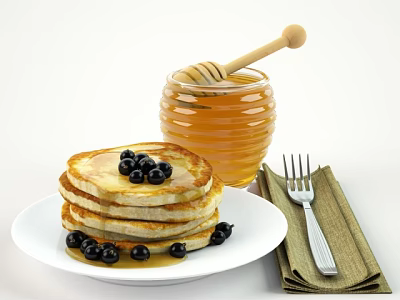 Fluffy Stack of Pancakes Topped with Fresh Blueberries and Honey Jar with Wooden Spoon 3d model