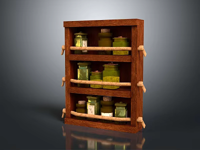 Rustic Wooden Shelf with Multiple Layers Holding Glass Bottles and Rope Details 3d model