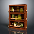 Rustic Wooden Shelf with Multiple Layers Holding Glass Bottles and Rope Details