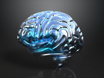 Silver Blue Glowing Brain Model With Complex Texture And Dark Background Base 3d model