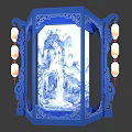 Traditional Chinese Blue Lantern With Hollow Design And Landscape Painting Decor