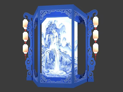 Traditional Chinese Blue Lantern With Hollow Design And Landscape Painting Decor 3d model