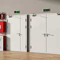 White Double Doors With Fire Extinguishers Indicator Lights And Wooden Floor Gray Wall