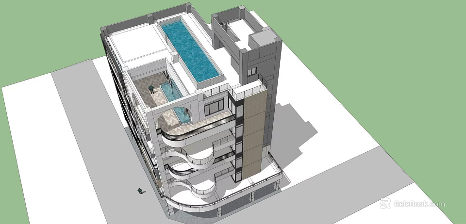 Modern Multi Storey Building Design With Roof Top Pool And Balconies 3d model 